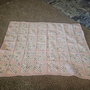 Handmade Crochet Granny Square Pink Baby Blanket 31" x 42"